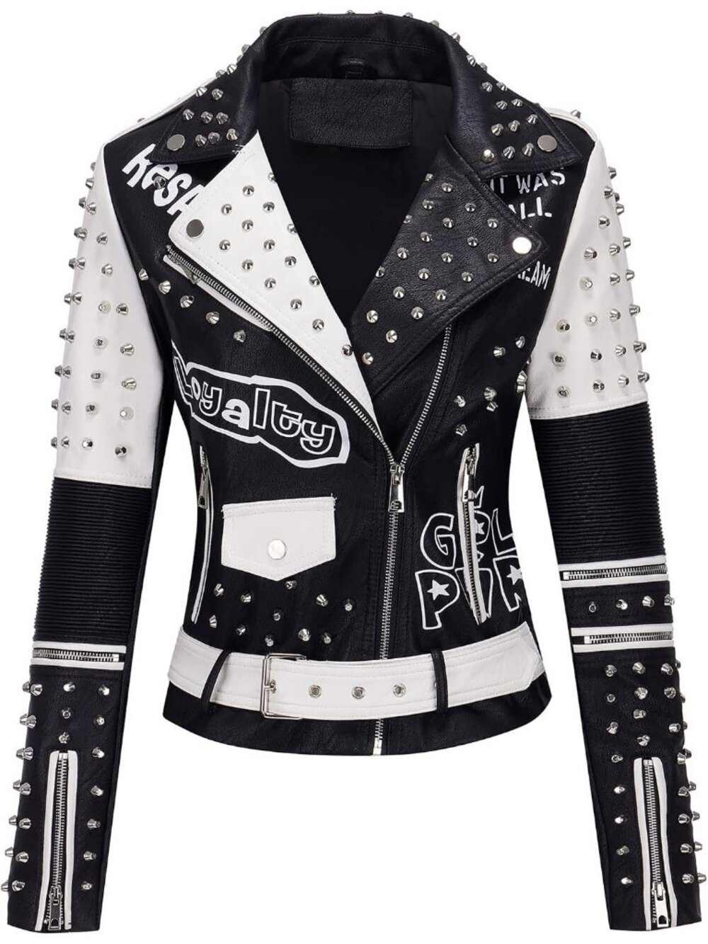 Women's Black White Studded Faux Leather Moto Biker Jacket Lightweight Zip Up